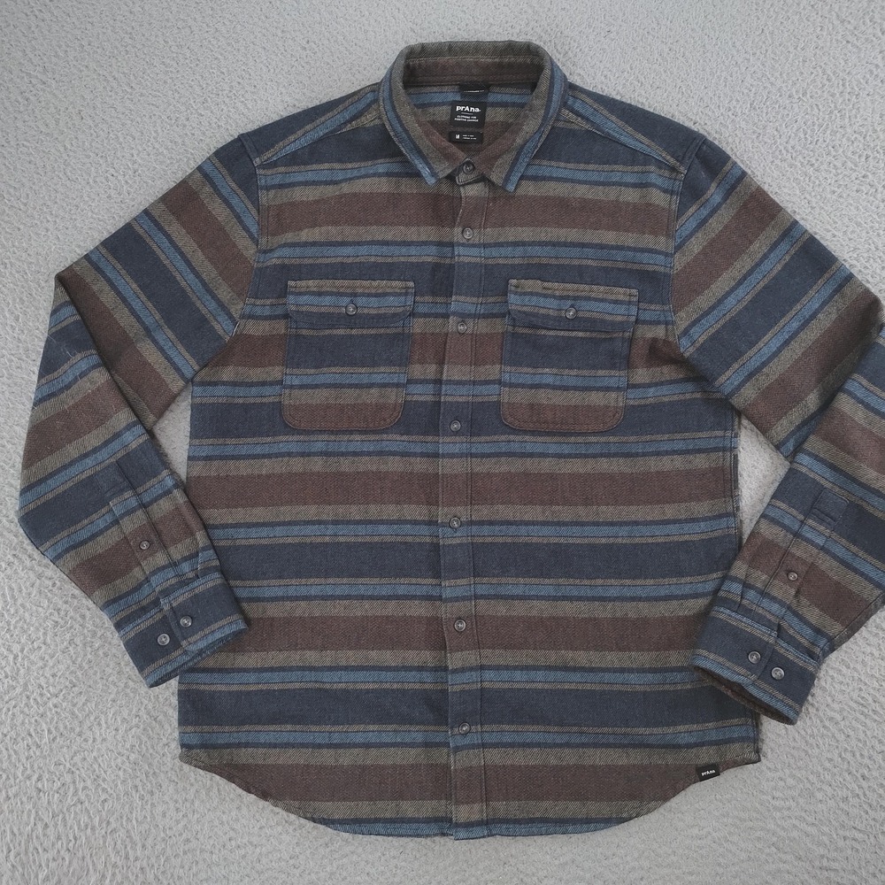 PrAna Flannel Shirt Mens Medium Blue Brown Stripe Recycled Cotton Button Up